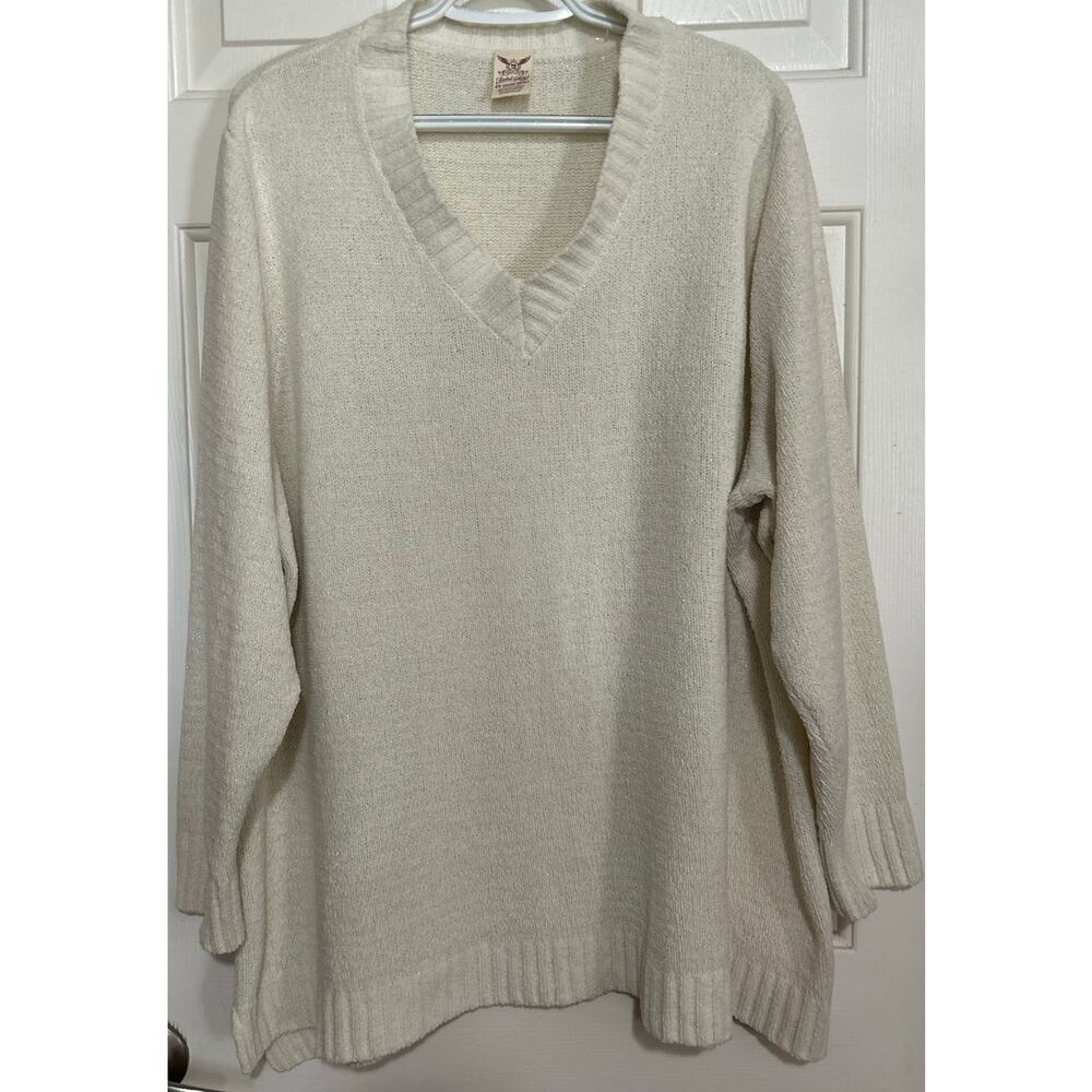 Faded Glory Women's White Soft V-Neck Gold Sparkle Sweater Size 4X 26W-28W